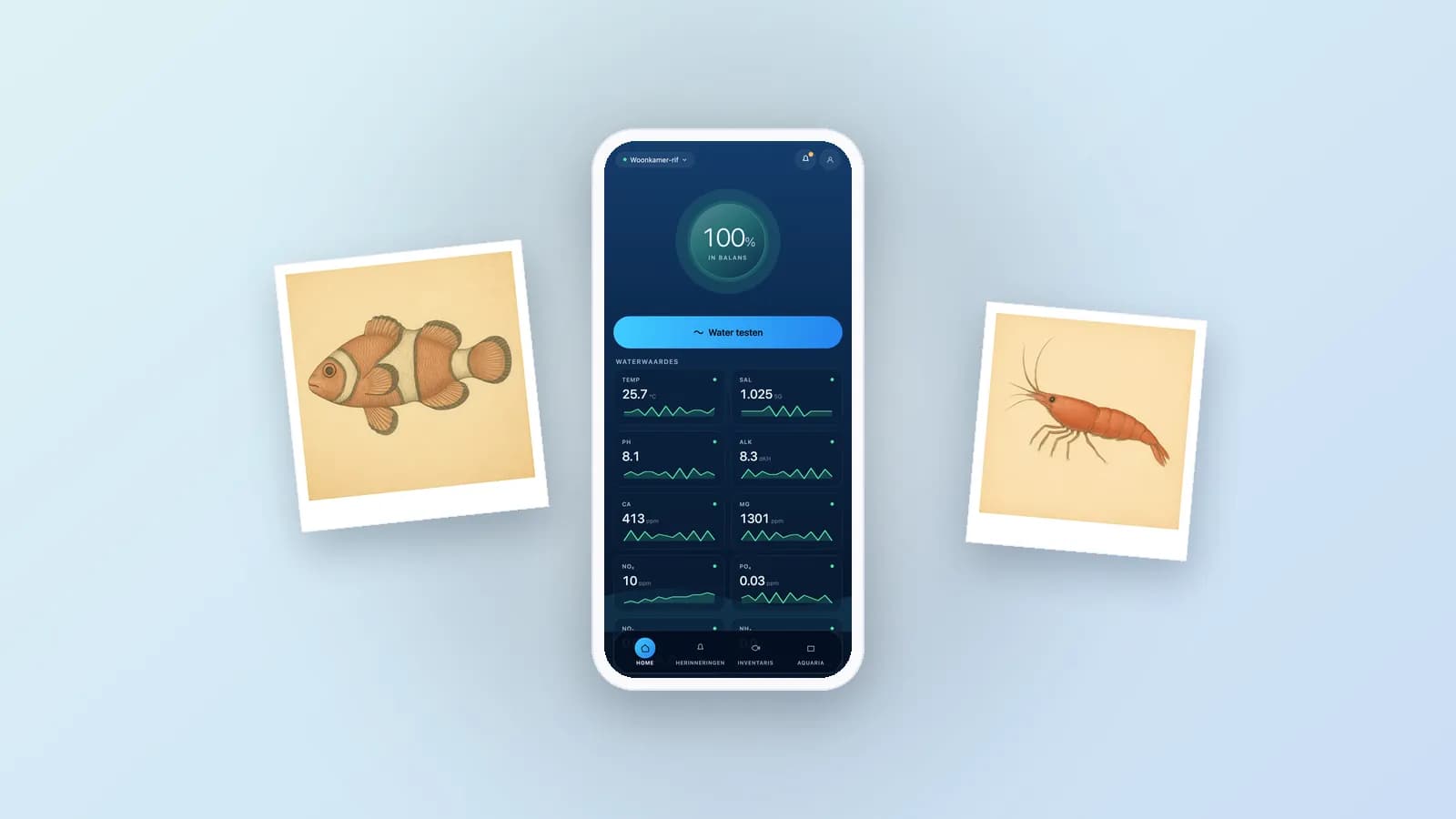 Teléfono que muestra la app BlubHub entre dos dibujos de habitantes de acuario