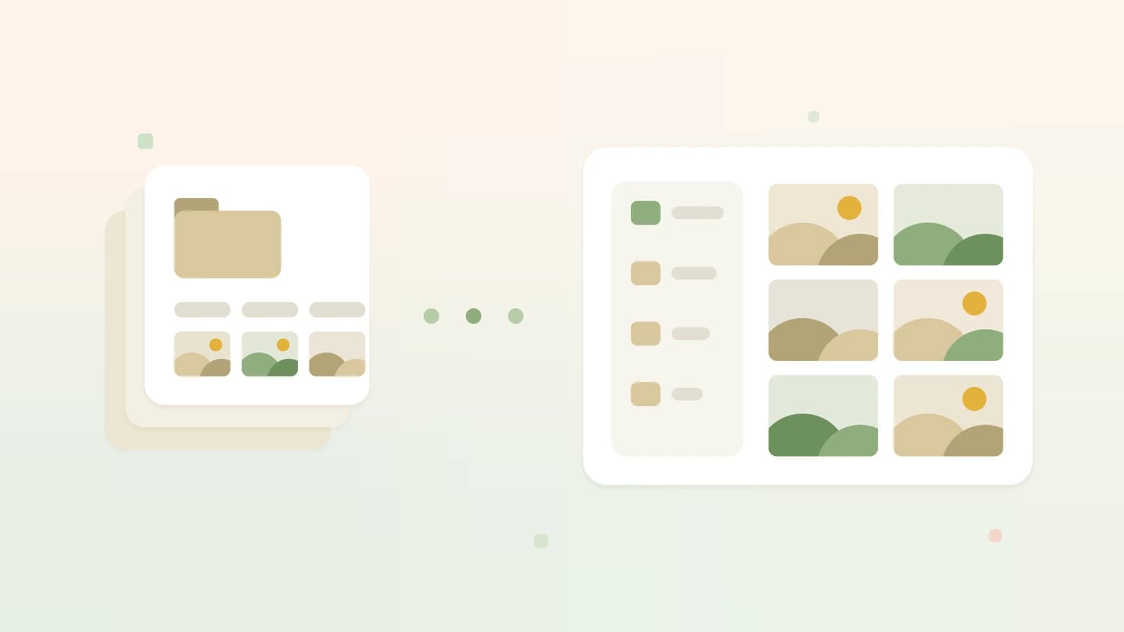 Illustration of a stack of source folders with photos turning into an Ohhi library with a folder list and a grid of photos