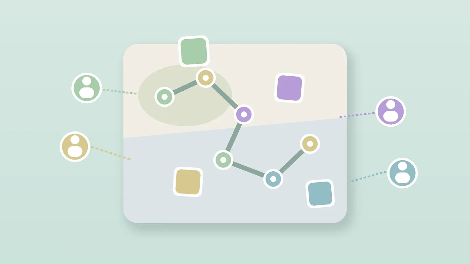 Illustratie van een kaart met een route en foto's, verbonden met vier personen