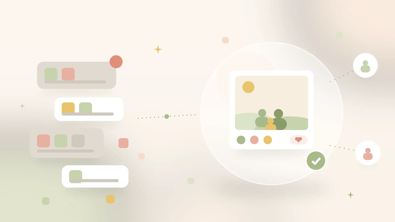 Illustration of cluttered chat bubbles on the left and one calm shared family album on the right