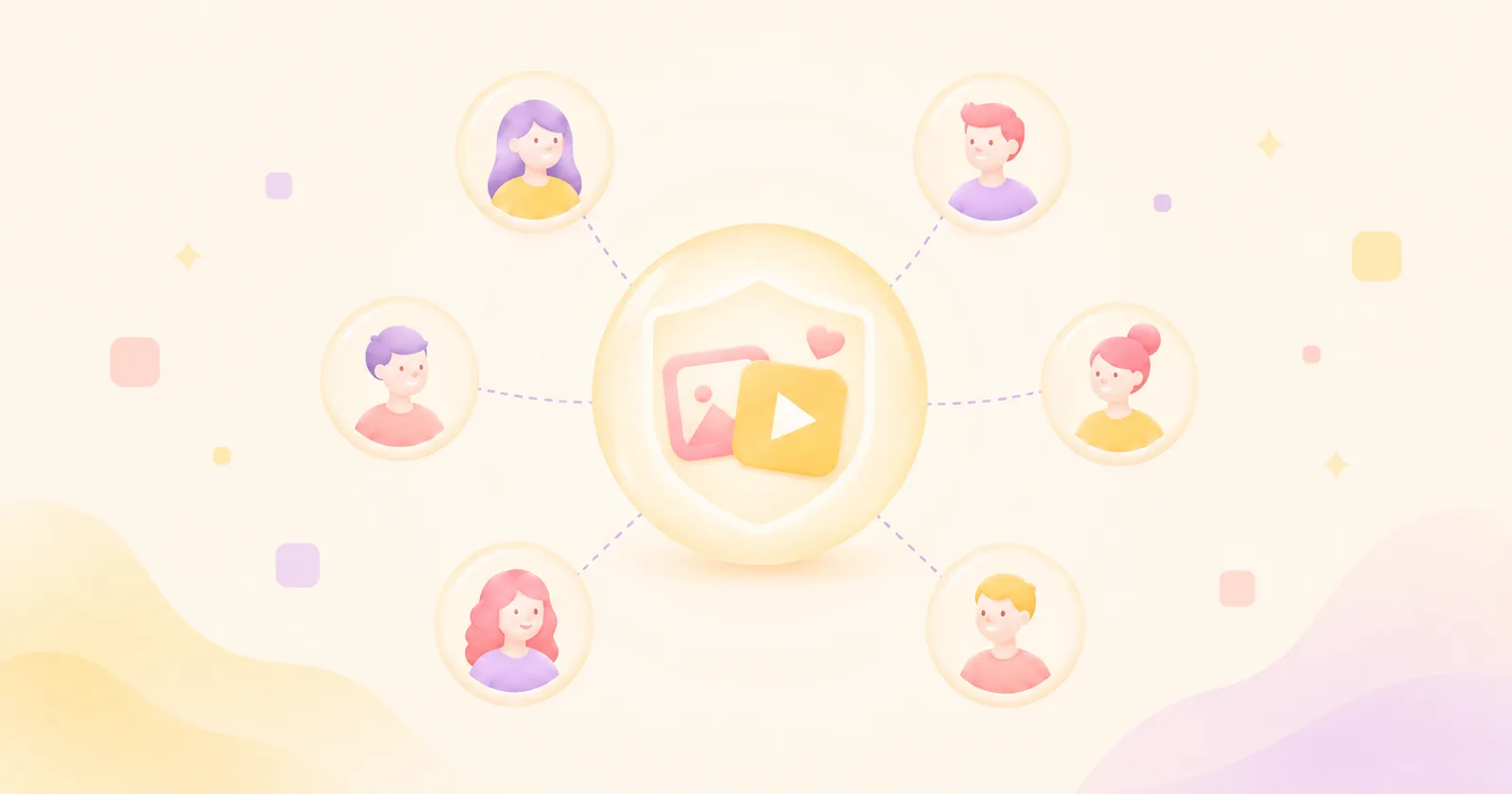 Illustration de six profils d'utilisateurs autour d'un disque de stockage partagé